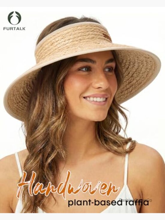 Natural Raffia Straw Wide Brim Sun Hat UPF 50+ Packable Ponytail Beach Visor
